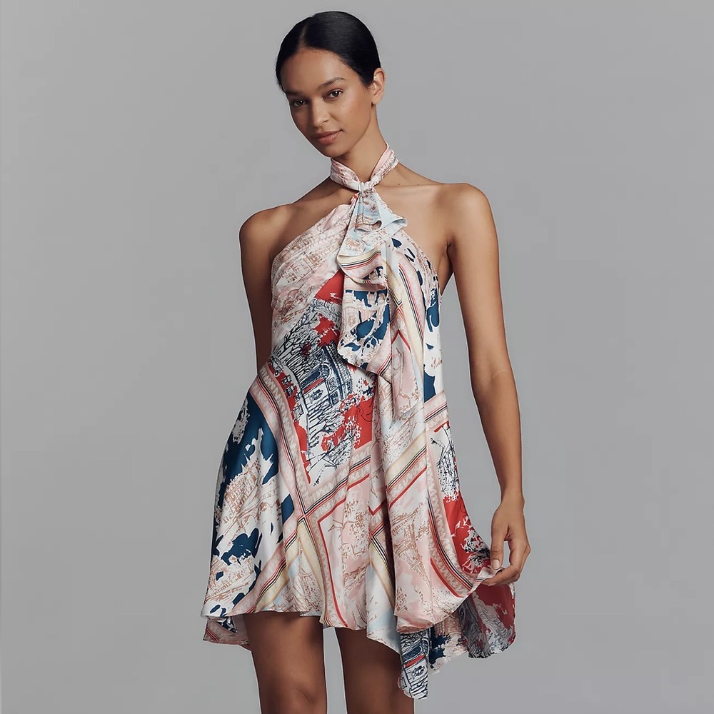 Anthropologie Multicolor Scarf-Neck Mini Dress — Navy, Red, Cream